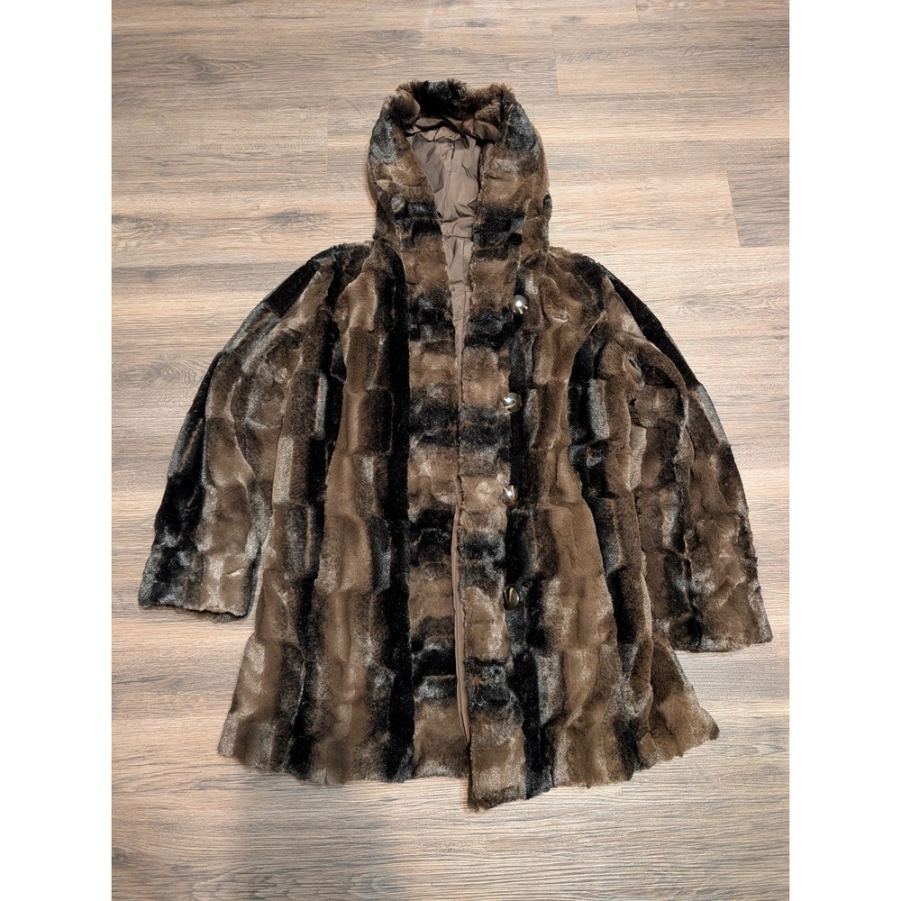 Hal Rubenstein Coat Womens Small Brown Patchwork Reversible Faux Fur‎ Hooded